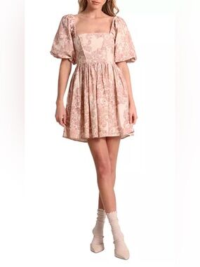 Avec Les Filles Puff-Sleeve Square-Neck Babydoll Dress Spring Paisley Neutral 10